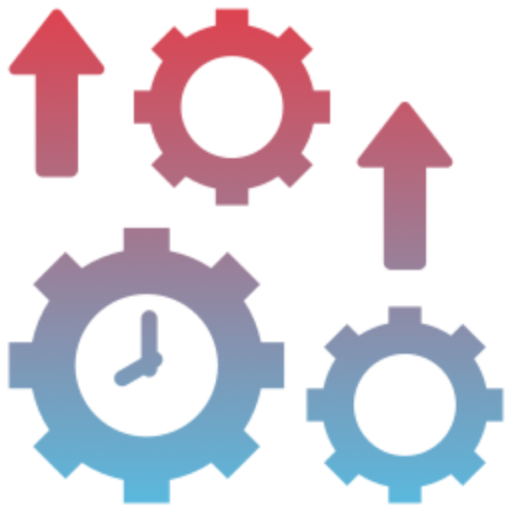 Clock and gear symbols with gradient arrows