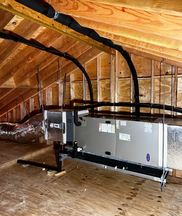 Attic HVAC air handler with insulated ducts
